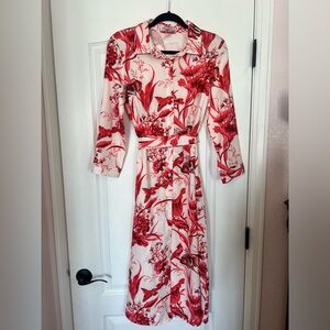 Red Patterned Long Sleeve Button Up Midi Dress